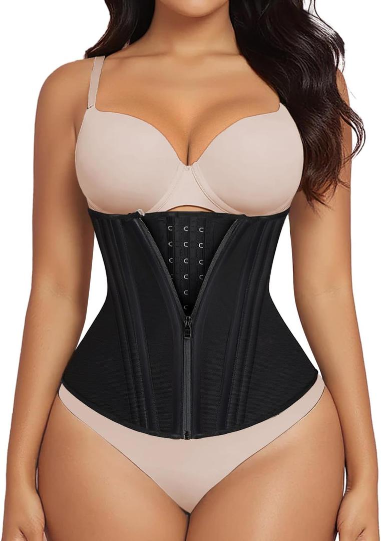 SHAPERX Waist Trainer for Women Corset Shapewear Tummy Control Sport Workout Waist Cincher Body Shaper Zipper and Hooks, Black, Small 