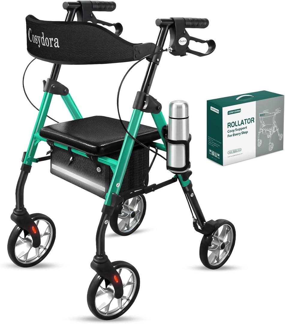 Cosydora Rollator Walkers for Seniors with Seat, 13.6 Lbs Ultra Lightweight Foldable Rolling Walker, 350Lbs Heavy Duty Aluminum, 8" All Terrain Wheels, Dual Adjustable Height, Shimmer Green