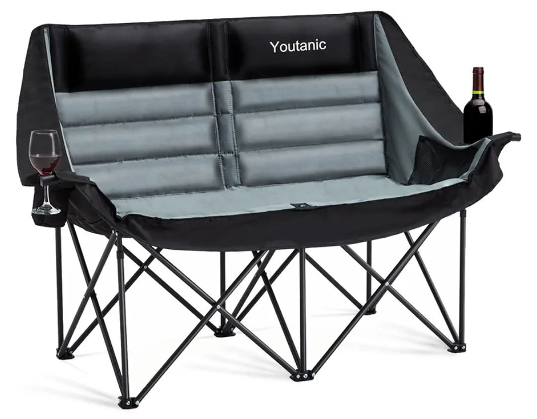 Oversized Camping Chair, Double Folding Loveseat Camping Couch with Pocket, Cup Holder and Carry Bag, Heavy Duty Portable Camping Chairs for Adults, Fishing, Sports, Trip, up to 660lbs, Black