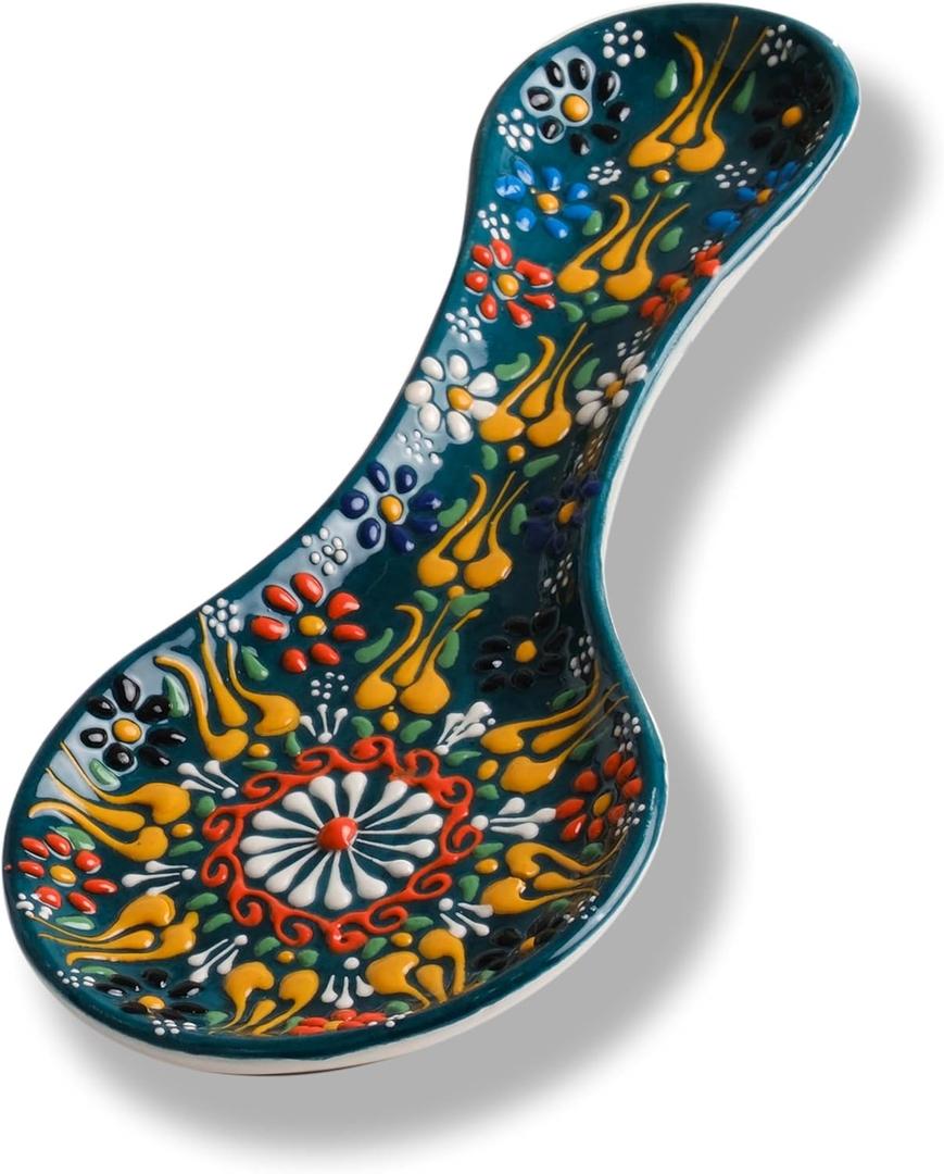 Handmade Spoon Rest, Ceramic Spoon Rest for Stove Top, 10" Spoon Rest for Kitchen Counter, Dishwasher Safe Spoon Holder for Stove, Housewarming Gifts Utensil Rest, Colorful Spoon Rests (Emerald Green)