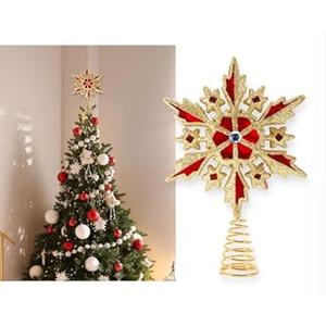 Christmas Traditions 8 inch Red Velvet+Gold Glittered Filigree Snowflake Christmas Tree Topper/ Home Décor Ornaments (Red Velvet+Gold)