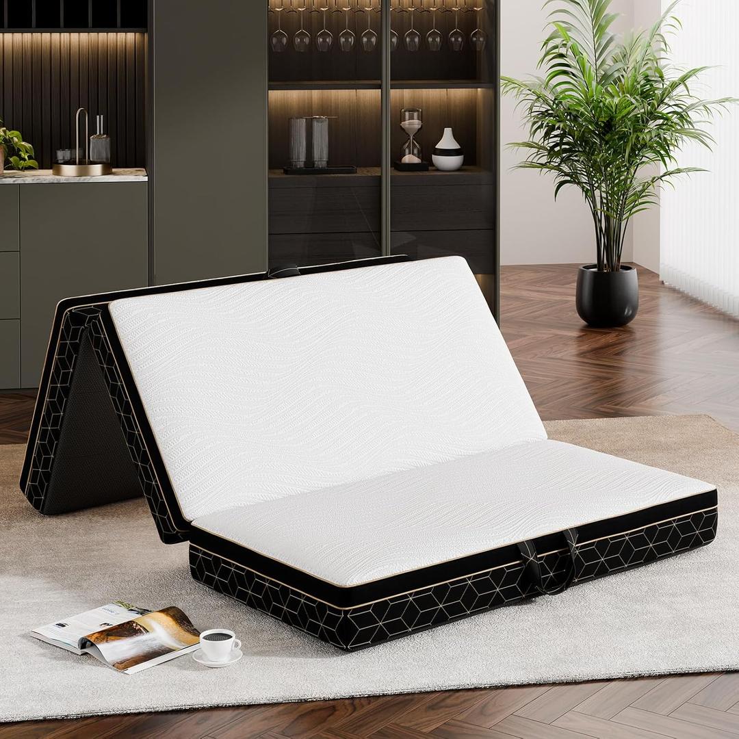GEMBED Tri-Fold Memory Foam Mattress Full - 6 Inch Portable Folding Mattress with Handle & Washable Cover, Floor Bed with Non-Slip Base, Space-Saving for Room, Travel, Guest Bed, RV, 73"x52"x6"