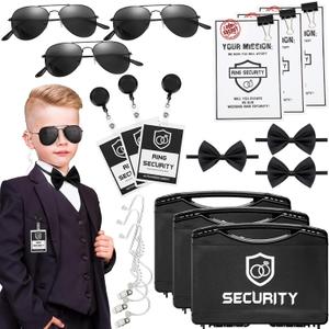 Mepase 7 Pcs Ring Wedding Bearer Security Set Include Ring Bearer Box ID Badge Holder Sunglass Acoustic Earpiece Tube Mission Card with Binder Clip Bow for Kids (Pp Suitcase)