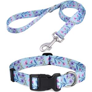 Mihqy Dog Collar and Leash Set with Bohemia Floral Tribal Geometric Patterns - Soft Ethnic Style Collar Adjustable for Small Medium Large Dogs(Pink + Purple Floral Set,S)