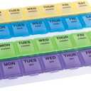 EZY DOSE Weekly (7-Day) Daily Medtime Pill Case, Medicine Planner, Vitamin Organizer, Supplement and Fish Oil Container, Large Compartments with Rounded Base, 4 Times a Day, Colored Lids, BPA Free (Yellow/Blue/Green/Purple)