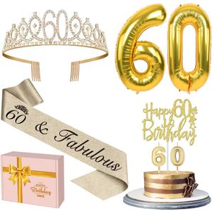 60th Birthday Decorations for Women Gold with 60th Birthday Sash and Tiara, Cake Topper and Candles,Number Balloons, 60 Year Old Gifts for Women