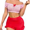 SOLY HUX Sexy Lingerie Set for Women Sheer Mesh Off Shoulder Bra Panty Ruffle Skirts 3 Piece Sets (Medium, Pink and Red)