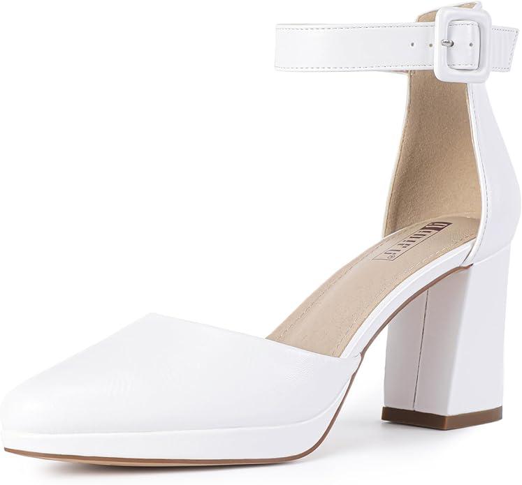 IDIFU IN3 Womens Closed Toe Heels Chunky Block Platform Pumps Pointed Toe Ankle Strap Dress Shoes for Women Comfortable Wedding Short Low Pumps Shoes, Size 7