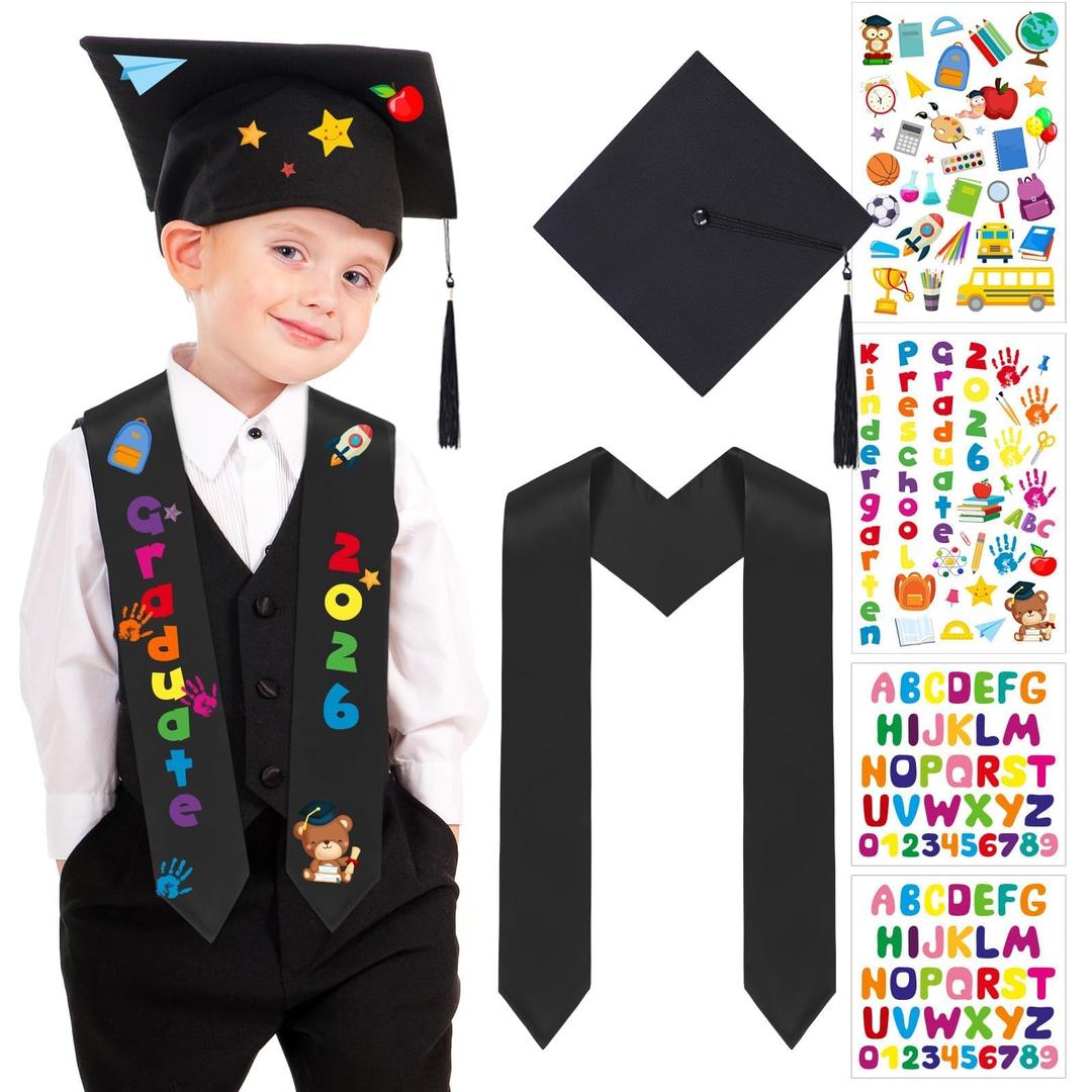 6 Pcs 2026 Preschool Kindergarten Graduation Cap Stole Iron on Letter Set Unisex Cap and Graduation Sash Sublimation Blank Stole Graduation Gifts for Kids Iron on Letters for DIY Craft (Black)