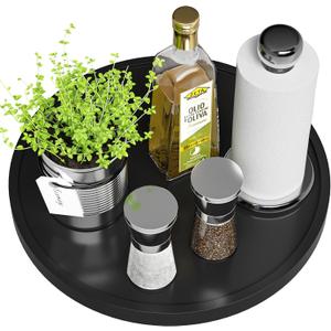 Lazy Susan for Table, 12 Inch Non-Skid Bamboo Turntable Organizer for Salt Pepper Spices and Olive Oil Next to Stove, Wooden Rotating Tray for Kitchen Countertop Organizer Black