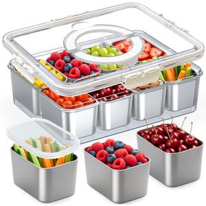 Stainless Steel Snackle Box Container - Reusable 8 Compartment Divided Serving Tray with Lid and Handle, Clear Portable Snack Containers Platters Storage Organizer for Snacks Fruit Candy Veggie Nuts