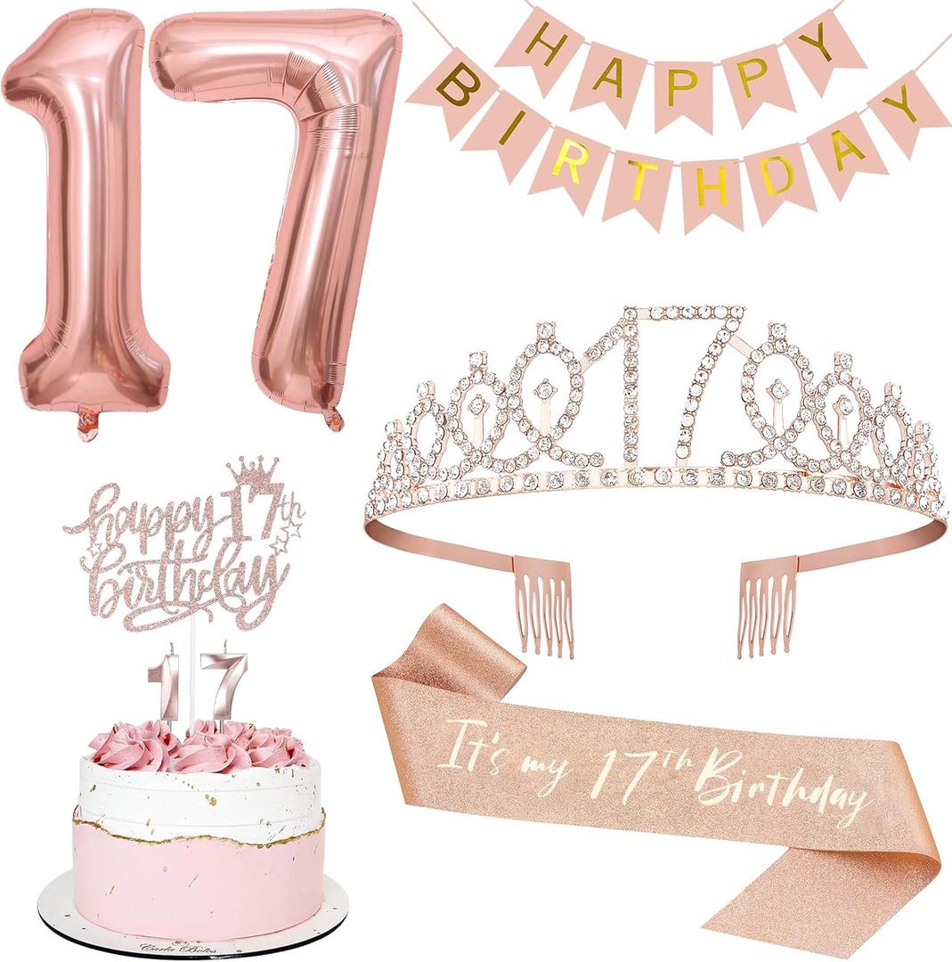 17th Birthday Decorations Set, Including 17th Tiara and Sash, Happy Birthday Banner, Cake Toppers, Number Candles and Balloons Set, Rose Gold