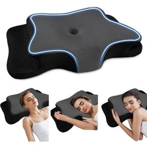 Pain Relief Cervical Pillow for Neck Support, Adjustable Ergonomic Pillow Cozy Sleeping, Odorless Orthopedic Memory Foam Pillows, Contour Bed Pillow for Side Back Stomach Sleeper (Queen Size-24.8''Lx14.96''Wx5.78''H, Black&grey)