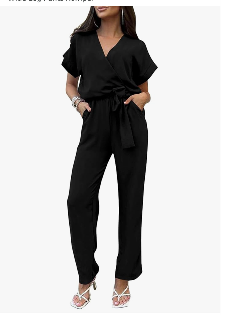 PRETTYGARDEN Women's Summer One Piece Jumpsuits Belted Short Sleeve Wrap V Neck Fashion Dressy Casual Wide Leg Pants Romper, XXL, Black