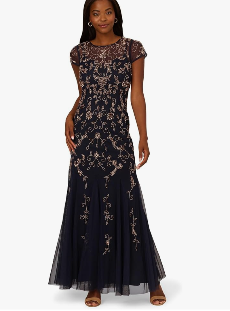 Adrianna Papell Women's Bead Mesh Godet Long Dress 14