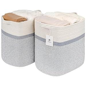 Laughbird Large Tall Storage Bins Baskets Woven Laundry Hamper Wicker Tall Cotton Toy Storage Basket with Handles, Decorative Basket for Living room, Collapsible Large Basket for Toys, 2bags kids