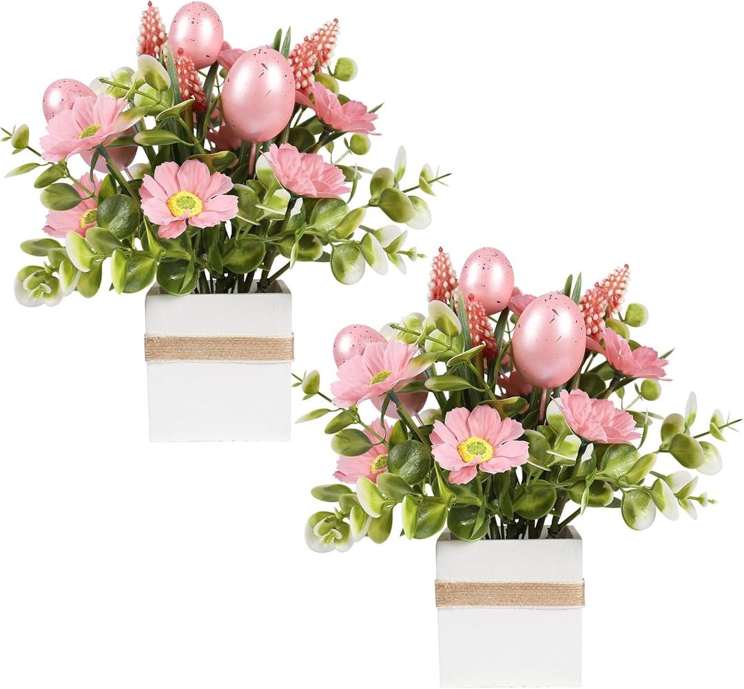 JIALEIXI Easter Decorations, 2 PCS Easter Artificial Flower Egg Potted Table Decorations, for Home Farmhouse Fireplace Holiday Spring Summer Indoor Party Decor. (Pink)