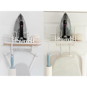 Farmhouse Ironing Board Hanger Wall Mount or Over the Door - Universal Laundry Room Ironing Board Holder Caddy with Iron Holder Shelf - Adjustable Hooks to Hold Ironing Boards Large & Small - White