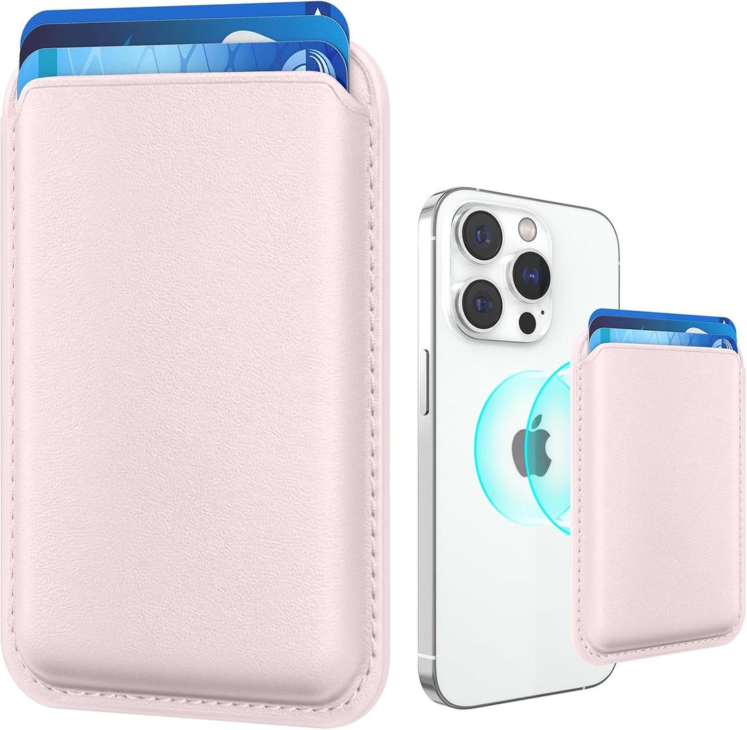Amzone Magnetic Wallet Cell Phone Card Holder for Phone Case with Mag-Safe, Stronger Magnetic RFID Leather Phone Wallet Stick on Series of iPhone 15/14/13/12 and Pro/Promax, Pink