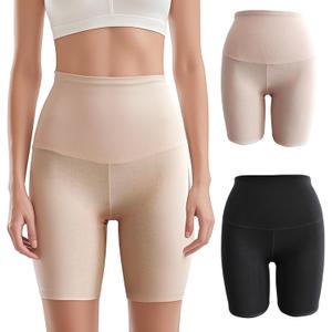 Tummy Control Shapewear Shorts for Women: High Waisted Biker Body Shaper (Rugby tan and Black 2Pcs, L)