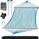 SUNCREAT Polyester Rope Hammock with Bamboo Spreader Bar, Carrying Bag, 450 lbs Capacity, Two Person Hammock with Tree Hooks, Blue