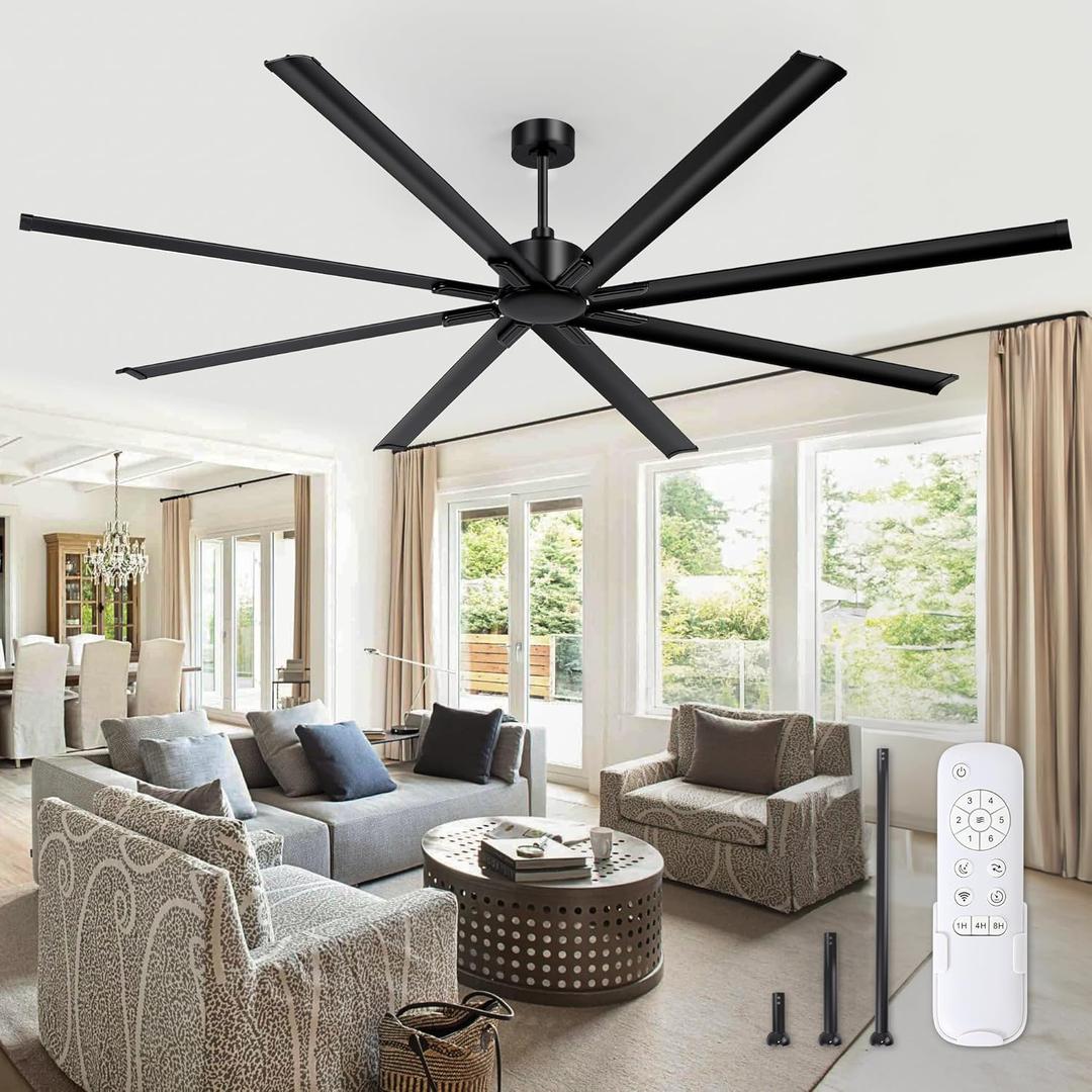ZMISHIBO 96 Inch Industrial DC Motor Ceiling Fan, Large Ceiling Fan with 8 Reversible Blades, 3 Downrods, 6-Speed Remote Control, Home or Commercial Ceiling Fans for Porch/Garage/Shop, Black