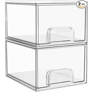 Vtopmart 2 Pack Clear Stackable Storage Drawers, 4.4'' Tall Acrylic Bathroom Makeup Organizer,Plastic Storage Bins For Vanity, Undersink, Kitchen Cabinets, Pantry, Home Organization