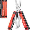 FLISSA Multitool Scissors, 11-in-1 Multi Tool Pocket Knife, Stainless Steel Mini Multitool with Bottle Opener, Screwdriver, Aluminum Handles, Spring - EDC for Outdoor, Camping, Hiking, Fishing, Red