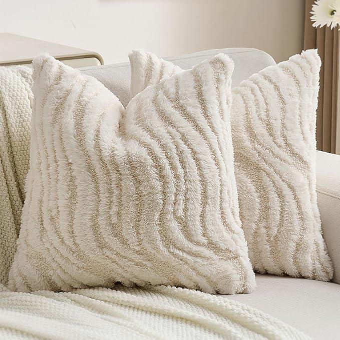 FUTEI Cream Decorative Throw Pillow Covers 18x18 Inch Set of 2,Soft Faux Fur Geometric Shapes Texture Cushion Case,Boho Home Decor for Couch Bed Living Room