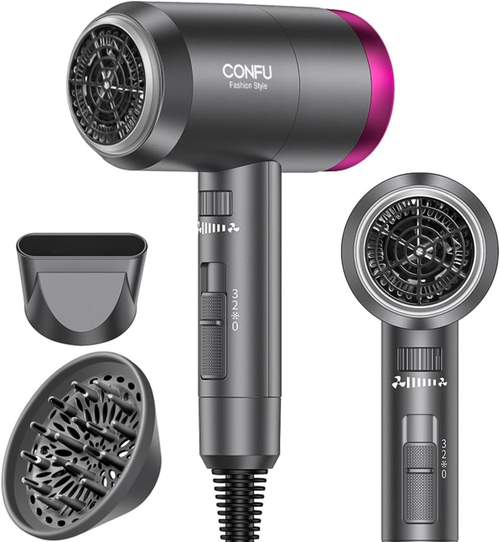 CONFU Ionic Blow Dryer 1600W, Portable Lightweight Fast Drying Negative Ion Hairdryer Blowdryer, 3 Heat Settings & Infinity Speed, with Diffuser and Concentrator Nozzle for Home & Travel, Grey