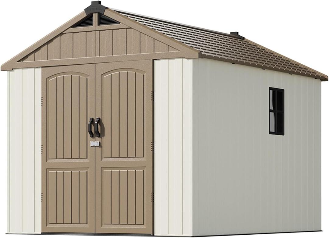 Patiowell 8 x 6 FT Plastic Outdoor Storage Shed with Floor, Resin Shed with Window and Lockable Door for Garden, Backyard, Tool Storage Use, Easy to Install in Brown (Kick-it Shed)