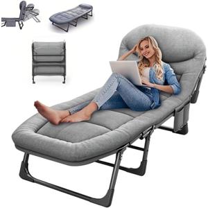 Chaise Lounge Chair, Folding Cot, 6-Angle Adjustable Camping Cot with Mattress for Patio and Beach, Foldable Bed Portable Heavy Duty Lay Flat Reclining with Pillow (Grey, M - 70")
