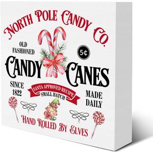 Candy Christmas Decorations Farmhouse Candy Cane Christmas Wooden Box Sign for Winter Xmas Holiday Home Kitchen Shelf Decor 5 X 5 Inches