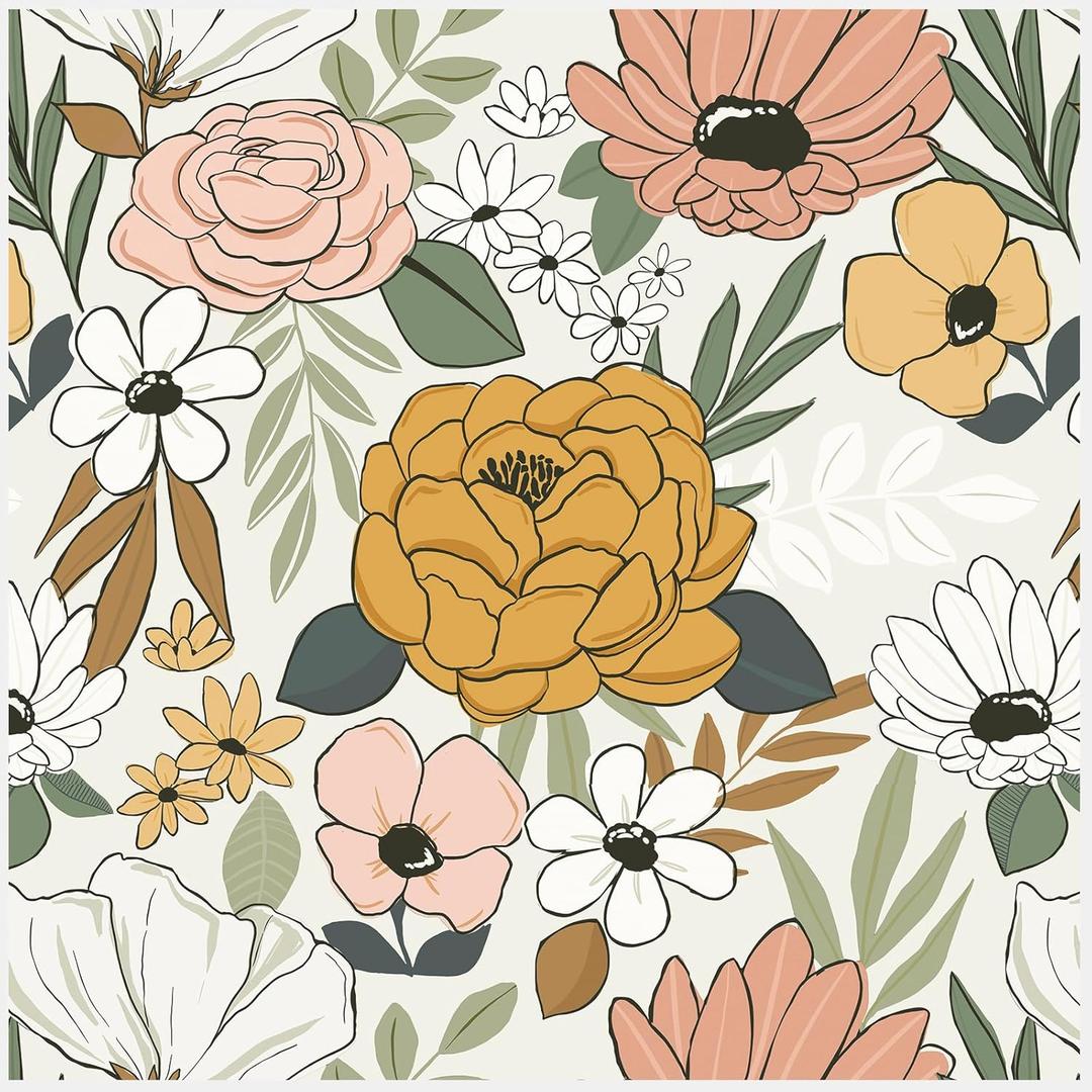 HAOKHOME Vintage Large Floral Peel and Stick Wallpaper Removable Daisy Leaf Mushroom/Sand/Oliva Vinyl Self Adhesive Mural 17.7in x 9.8ft