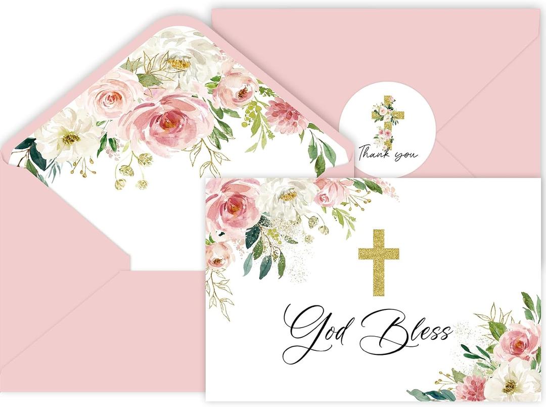 48 Pack Christian Thank You Cards, Watercolor Pink Floral Cross Baptism Thank You Cards with Envelopes & Stickers, First Communion & Religious Occasions