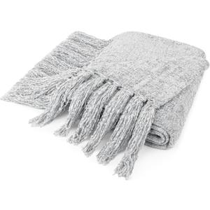 PAVILIA Light Gray Chenille Throw Blanket for Couch, Twin Size Bed, Sofa - Soft Knit Woven With Tassel, Decorative Textured for Living Room, Light Grey 60x80