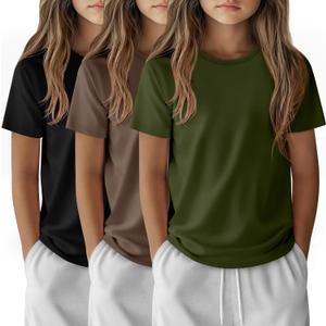 3 Pack Girls' Short Sleeve T-Shirts Kids Crew Neck Solid Tees Summer Casual Basic Teen Tops 5-14 Years (9-10 Years, Army Green, Brown, Black)