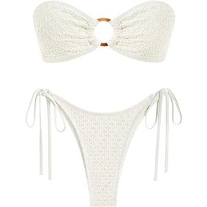 ZAFUL Women's Bandeau Bikini Strapless O Ring Lace Tie Back High Cut Two Piece Swimsuit Bathing Suits (Medium, 2-beige)
