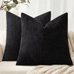 ANRODUO Pack of 2 Decorative Textured Throw Pillow Covers Soft Black Euro Square Accent Solid Chenille Cushion Cover Cozy Farmhouse Pillow Case for Couch Sofa Bedroom Living Room Home Decor 26x26 Inch