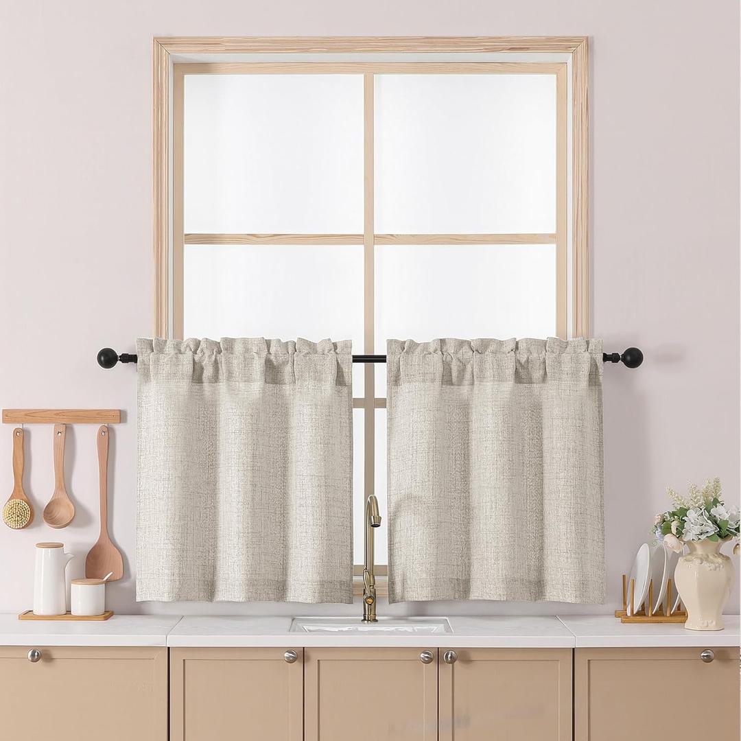Chyhomenyc Kitchen Curtains 24 Inch Length, Light Filtering Faux Linen Slub Textured Small Half Window Cafe Curtain, Short Curtains for Cabinet Bathroom Basement RV Camper, 30Wx24L, 2PCS, Linen Color
