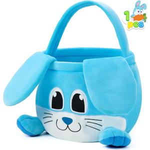 JOYIN Easter Bunny Baske with Foldable Ears, Empty Soft Basket with Handle, Easter Gifts for Babies, Kids Egg Hunt Game, Candy Bag, Party Favor Storage Container(11.8" 8.7")