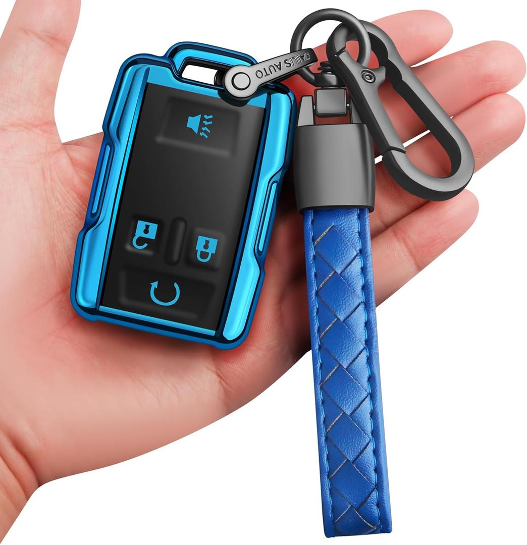 Sindeda for Chevrolet Key Fob Cover with Keychain Soft Full Protection Key Shell Key Case Compatible with Colorado Silverado Suburban Tahoe GMC Canyon Sierra 1500 2500 3500 HD 4-Buttons(Blue)