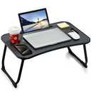 Laptop Bed Desk, Foldable Lap Table, Portable Study Table, Laptop Stand with Cup Holder & Tablet Slot & Lifting Handle for Working Writing Drawing & Eating - Black