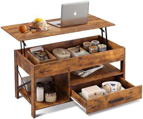 WLIVE Coffee Table, 39" Lift Top Coffee Table with Hidden Compartment, Storage Drawers and Storage Shelf for Living Room, Reception Room, Rustic Brown