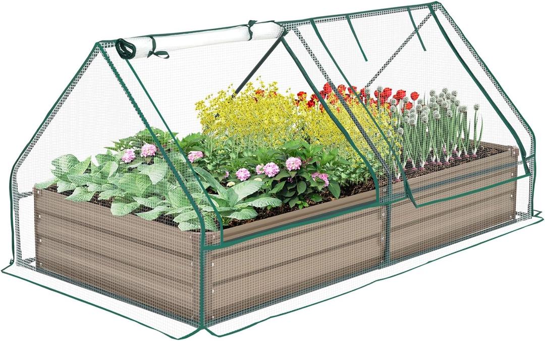 Metal Raised Garden Bed with Greenhouse 2 Large Zipper Windows Dual Use,Galvanized Steel Raised Garden Bed for Gardening Vegetables Fruit,20pcs T-Types Tags & 1 Pair of Gloves,6x3x1FT,Brown (6*3*1ft/GreenHouse, Brown-1)