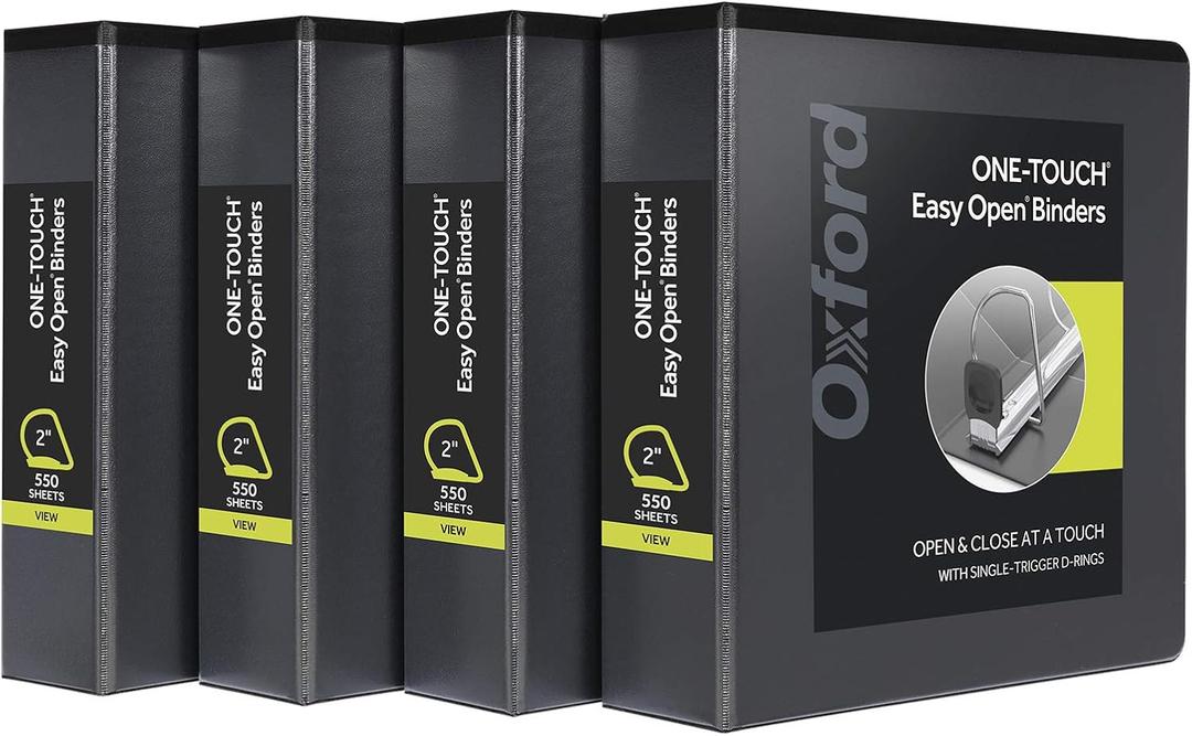 Oxford 3 Ring Binders, Binders for School and Office, 2 Inch ONETouch Easy Open D Rings, 3Sided View Binder Covers, Xtralife Hinge, NonStick, PVCFree, Black, 530Sheet Capacity, 4 Pack (79911)