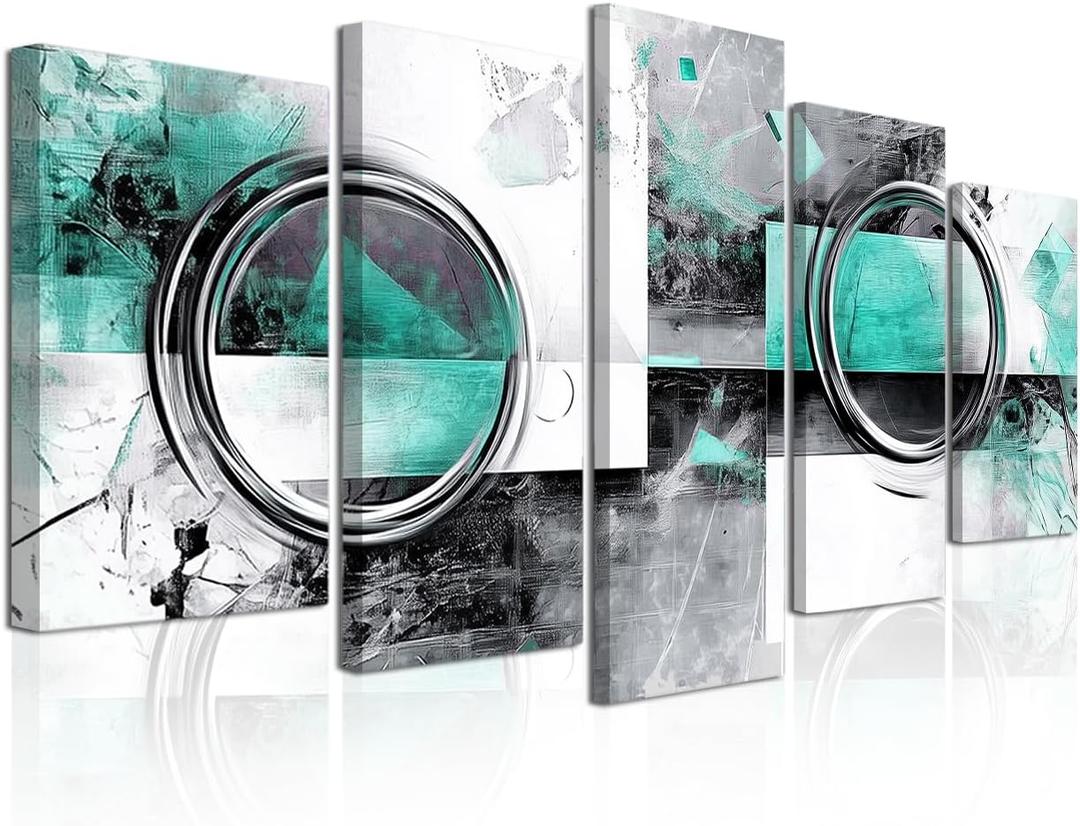 CXHOSTENT Teal Abstract Wall Art 5 Pieces Teal Grey and Black Canvas Print Turquoise Blue Picture Prints Large Artwork for Living Room Bedroom Decir Framed (Dark, 8x14inx2 8x18inx2 8x22inx1)