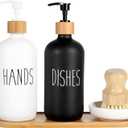 2 Pack Glass Soap Dispenser Set with Tray and Bamboo Dish Brush, Hand and Dish Soap Dispenser 16oz Kitchen Soap Dispenser Set Farmhouse Decor Soap Pump Bottle (Black & White)