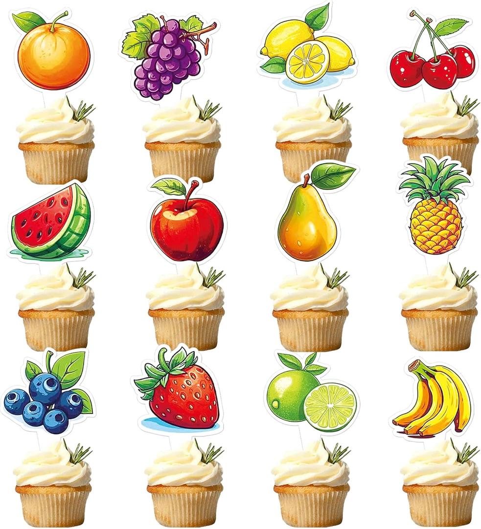 Ercadio 36 Pcs Double Sided Fruit Cupcake Toppers Fruit Combination Theme Watermelon Apple Banana Lemon Pineapple Strawberry Cupcake Picks for Kid Baby Shower Summer Decorations