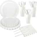 175 Pcs White Paper Plates and Napkins, 25 Guest White Party Supplies Include Scalloped Plates Paper Napkin Cup Plastic Spoon Fork Knive for Baby Shower, Wedding, Birthday